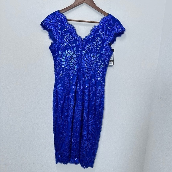Tadashi Shoji Bright Cobalt‎ Blue Embroidered Lace V Neck Sequin Cap Sleeve - Picture 4 of 6